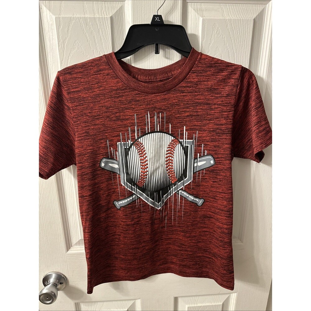 Tek Gear Boys M Graphic Tee Shirt Red Black Space Dye Baseball Bats Athletic